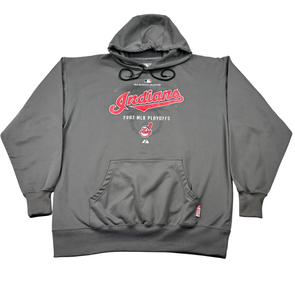 Majestic Cleveland Indians Hoodie Mens XL Gray 2007 MLB Playoffs Chief Wahoo